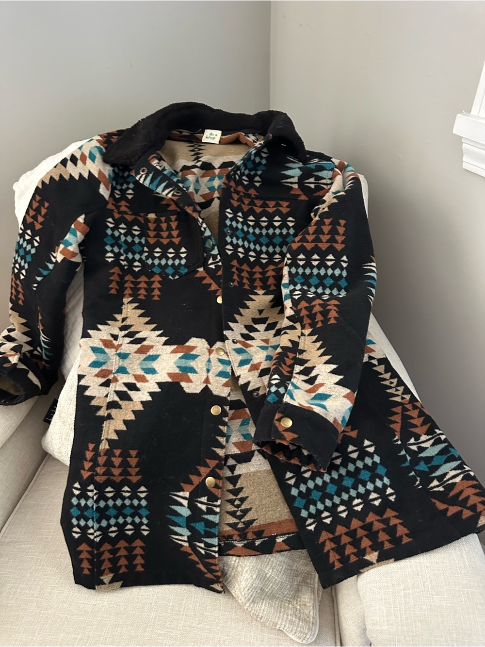 Black Southwestern Print Trench Coat with Teal & Brown Accents